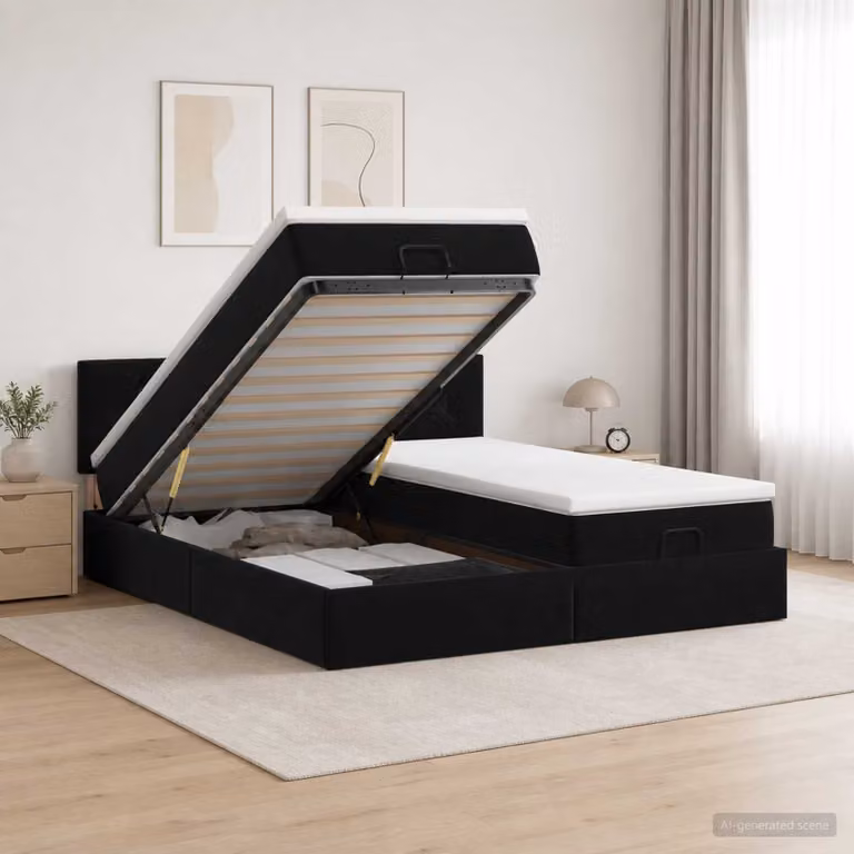 Letto Ottomano vidaXL con Materasso Ibrido e Illuminazione LED in Velluto Nero L/P/H: 200 x 200 x 88 cm