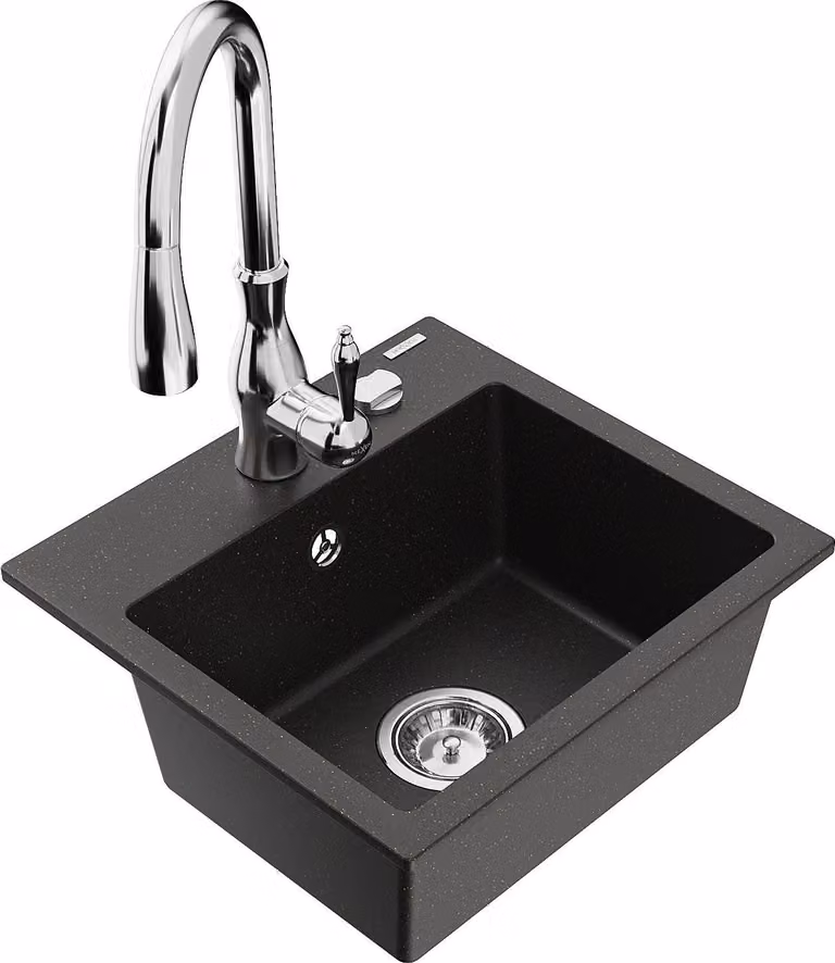 Mexen Milo lavello in granito a 1 vasca con miscelatore da cucina Savita, nero/oro metallizzato- 6505-75-672601-00
