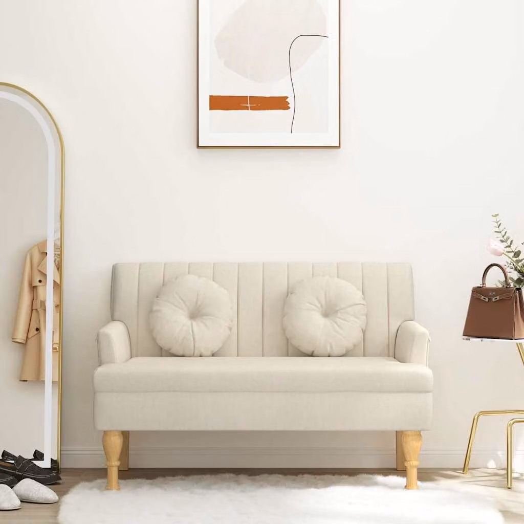 vidaXL Panca con Cuscini in Lino Beige con Braccioli e Struttura in Legno, L: 113 cm, P: 64,5 cm, H: 75,5 cm