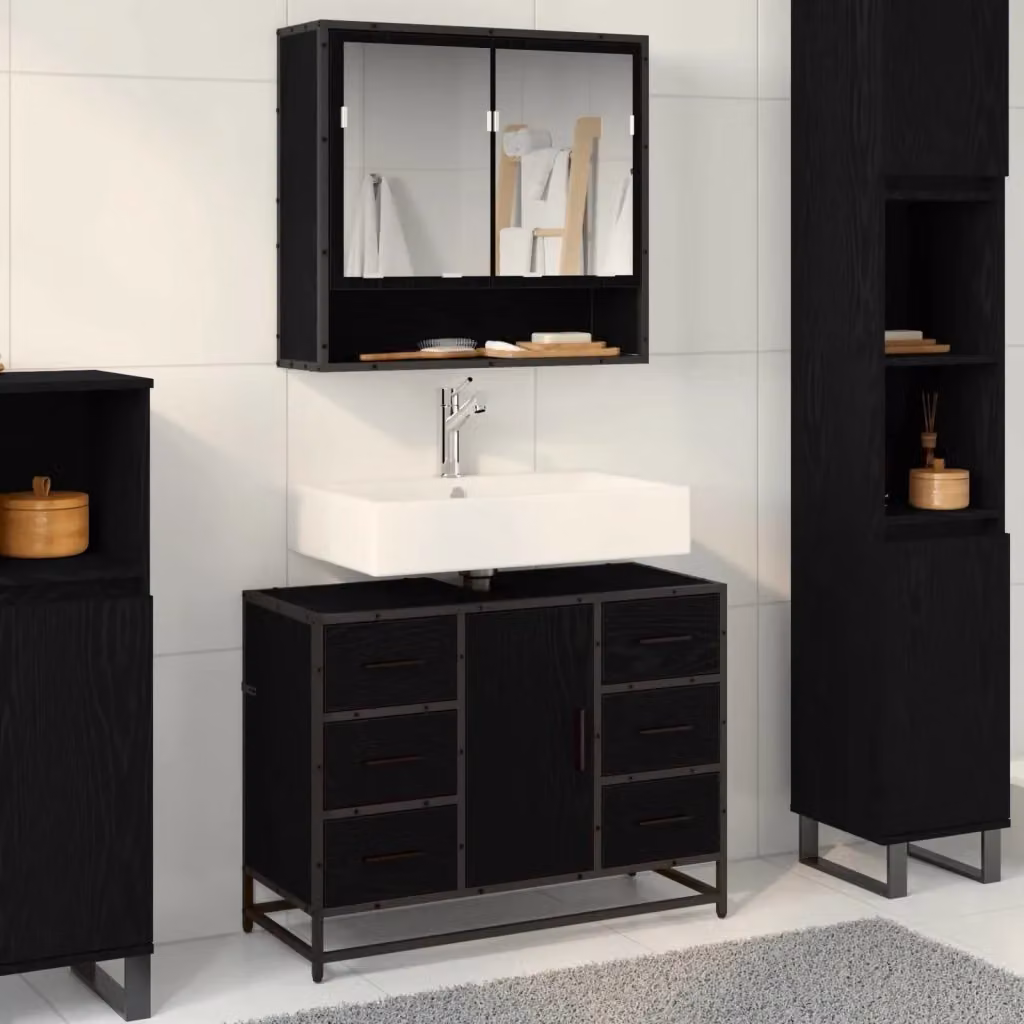 Set di mobili per il bagno moderno composto da mobile lavabo e armadietto con specchio in legno e metallo nero opaco L/P/H: 80.0 x 45.78 x 60.0 cm – 2