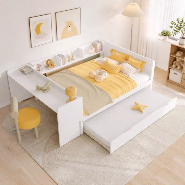 Letto matrimoniale 140x200 cm con scrivania; letto estraibile e scaffali in legno di pino; bianco