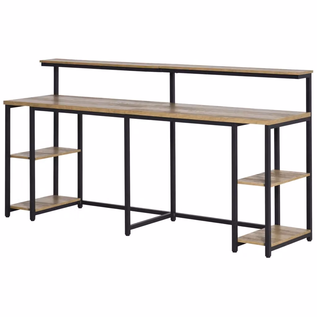Scrivania Doppia in Stile Industriale con Scaffali e Mensola per Monitor, Nero e Marrone, L 200 x P 53 x H 100 cm – 2