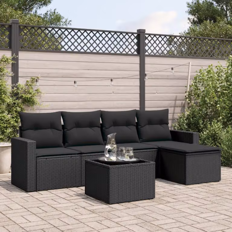 Set Divano da Giardino vidaXL 6 pz a Forma a L in Polyrattan Nero con Cuscini e Tavolino