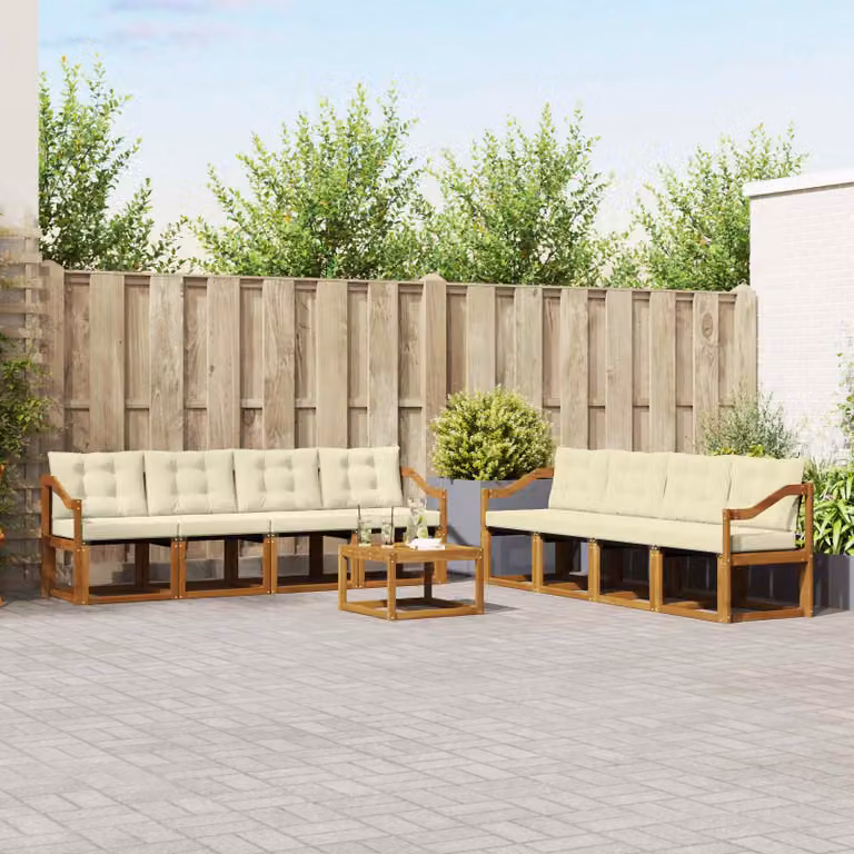 Set di divani da esterno vidaXL 9 pz in legno di acacia con cuscini e tavolino, colori beige, bianco e marrone