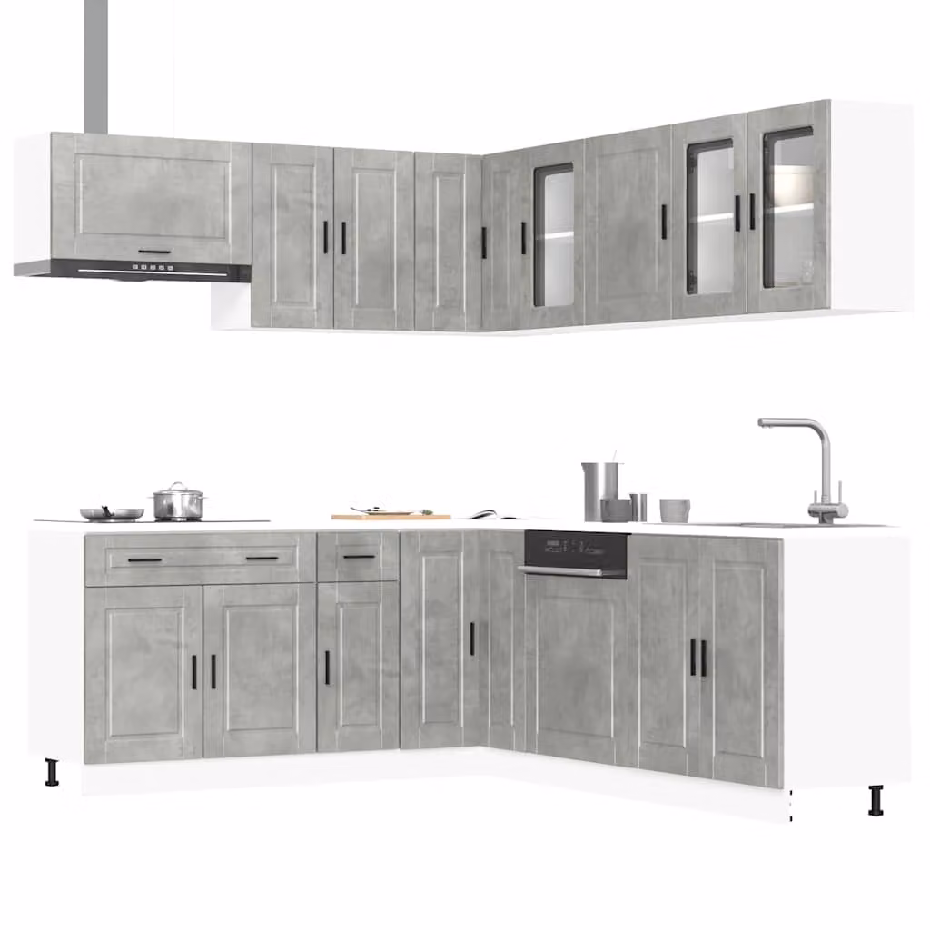 Set di mobili da cucina moderno vidaXL composto da 11 pezzi in colore grigio cemento con ante a cerniera e ripiani interni
