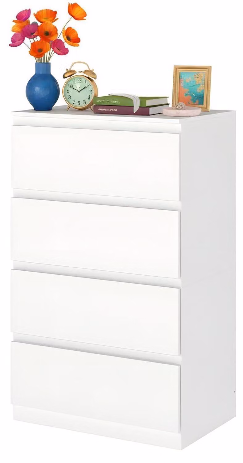 Comodino bianco con 4 cassetti, dimensioni 60x40x98 cm, realizzato in MDF