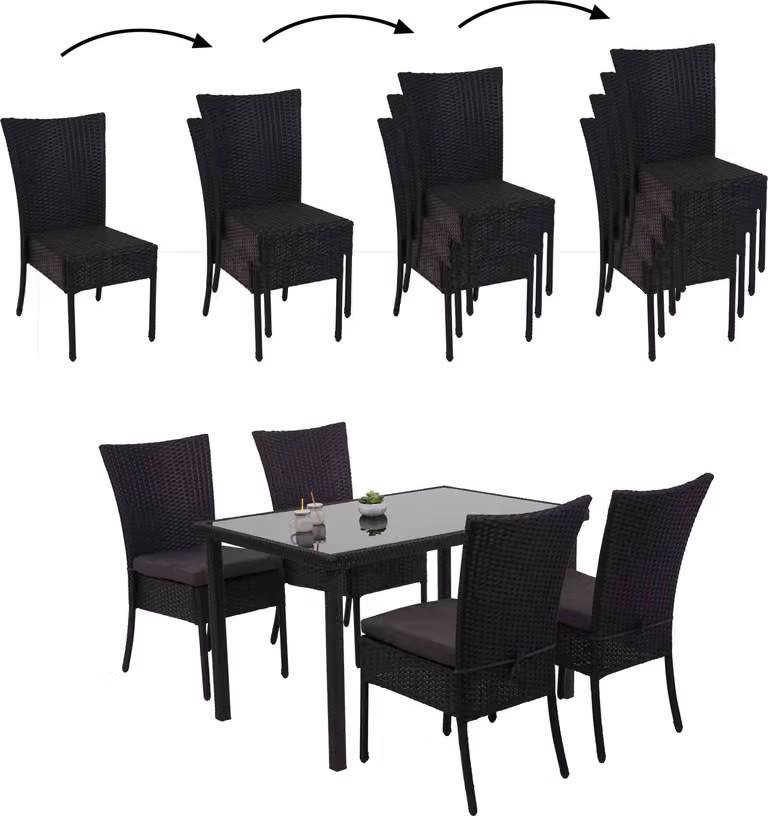 Set in poly-rattan HWC-G19, gruppo di sedute da balcone/lounge, 4xsedia+tavolo, 120x75cm ~ nero, cuscini grigio scuro