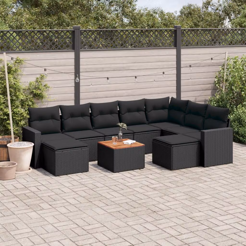 Set di Divani da Giardino a L vidaXL in Polyrattan e Legno di Acacia con Cuscini Neri – 1