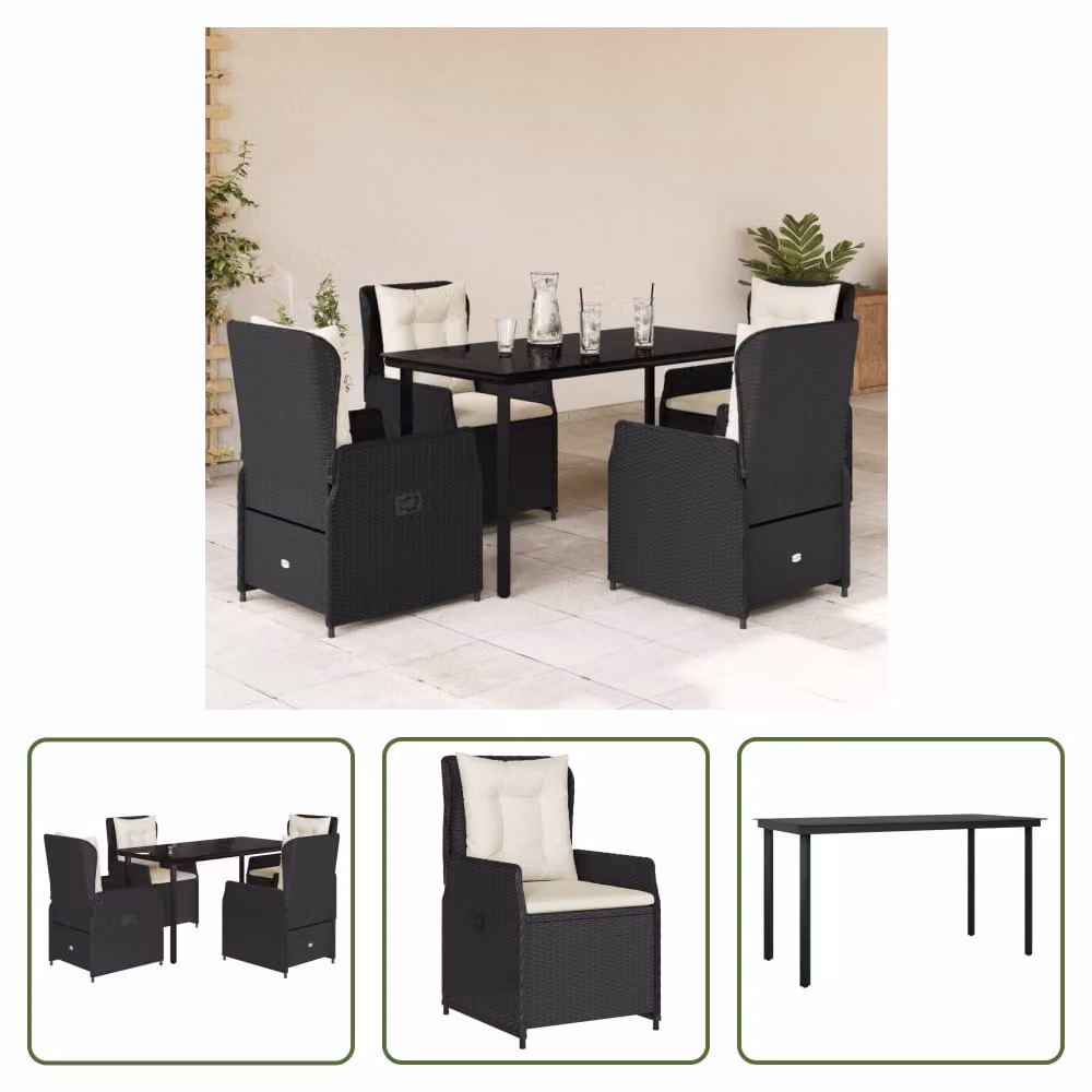 The Living Store Set da pranzo da giardino 5 pezzi con cuscini in poly rattan nero