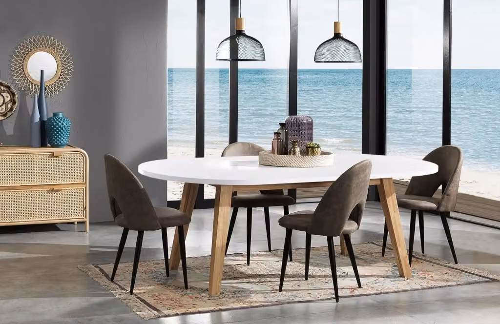 Tavolo da pranzo allungabile Oresteluchetta con piano ovale bianco lucido ed effetto legno rovere, L: 180 cm, P: 90 cm, H: 78 cm – 2