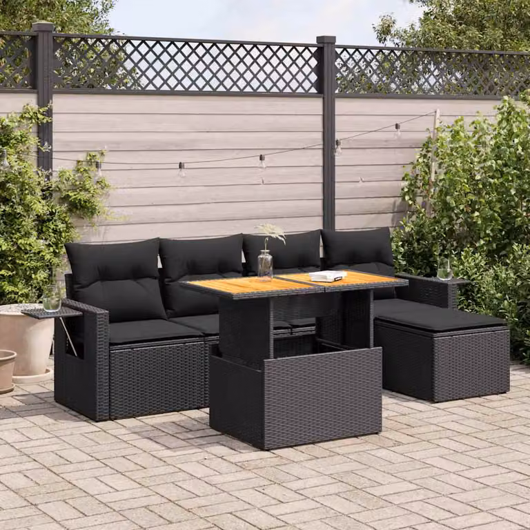 Set Divano da Giardino vidaXL 6 pz in Polyrattan Nero con Cuscini e Tavolino da Esterno a Forma di L