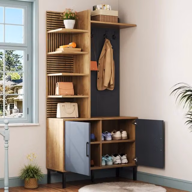 Mobile da ingresso FOLYNA in stile industriale con ganci e 4 ripiani, colore nero e legno, L: 100 cm, P: 40 cm, H: 190.5 cm