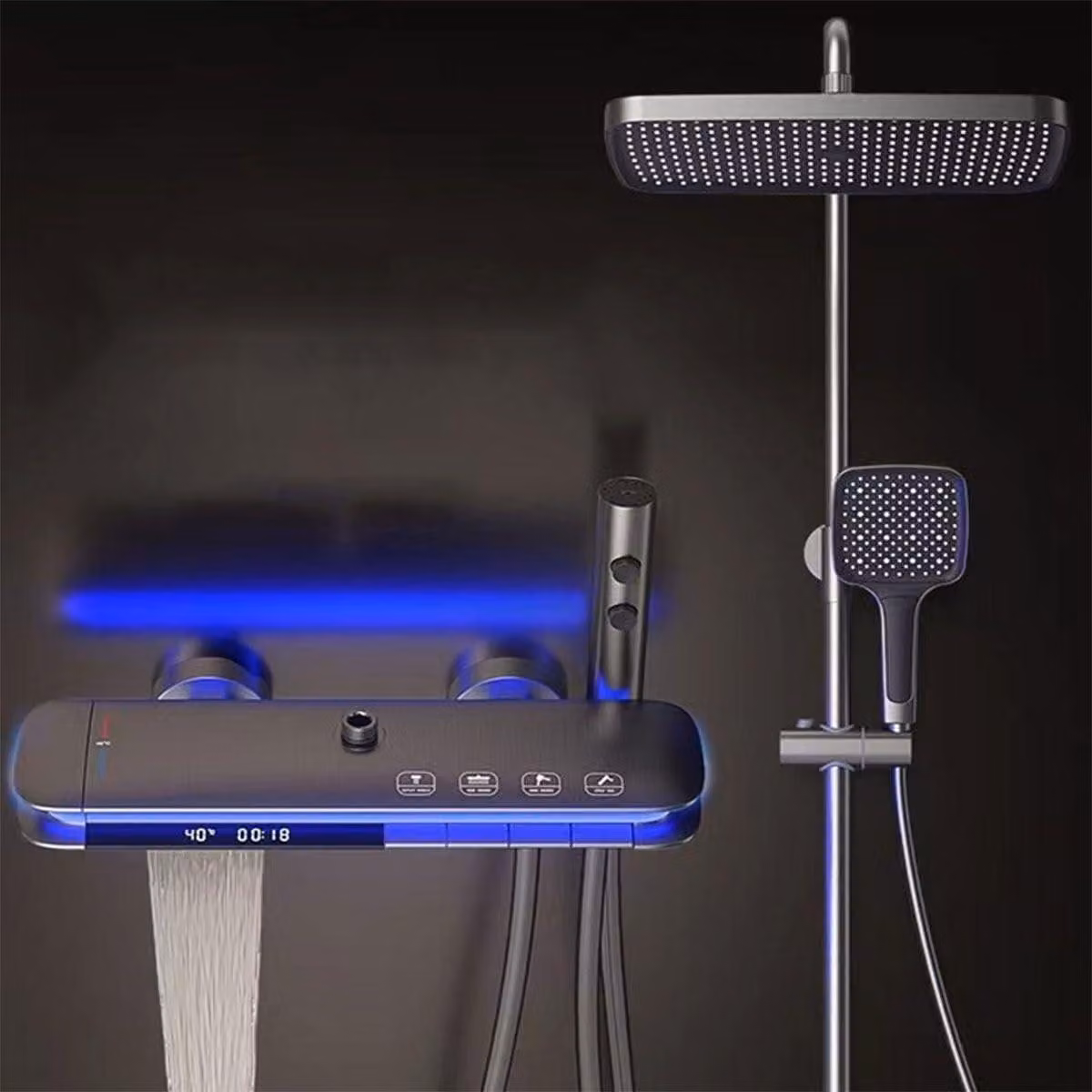 Sistema doccia con termostato, dimensioni 31x20 cm, illuminazione a LED, display digitale