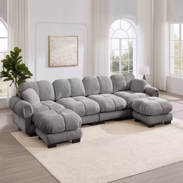 Divano modulare 330x149x90 cm con pouf mobili e configurazione U o L in ciniglia grigio chiaro