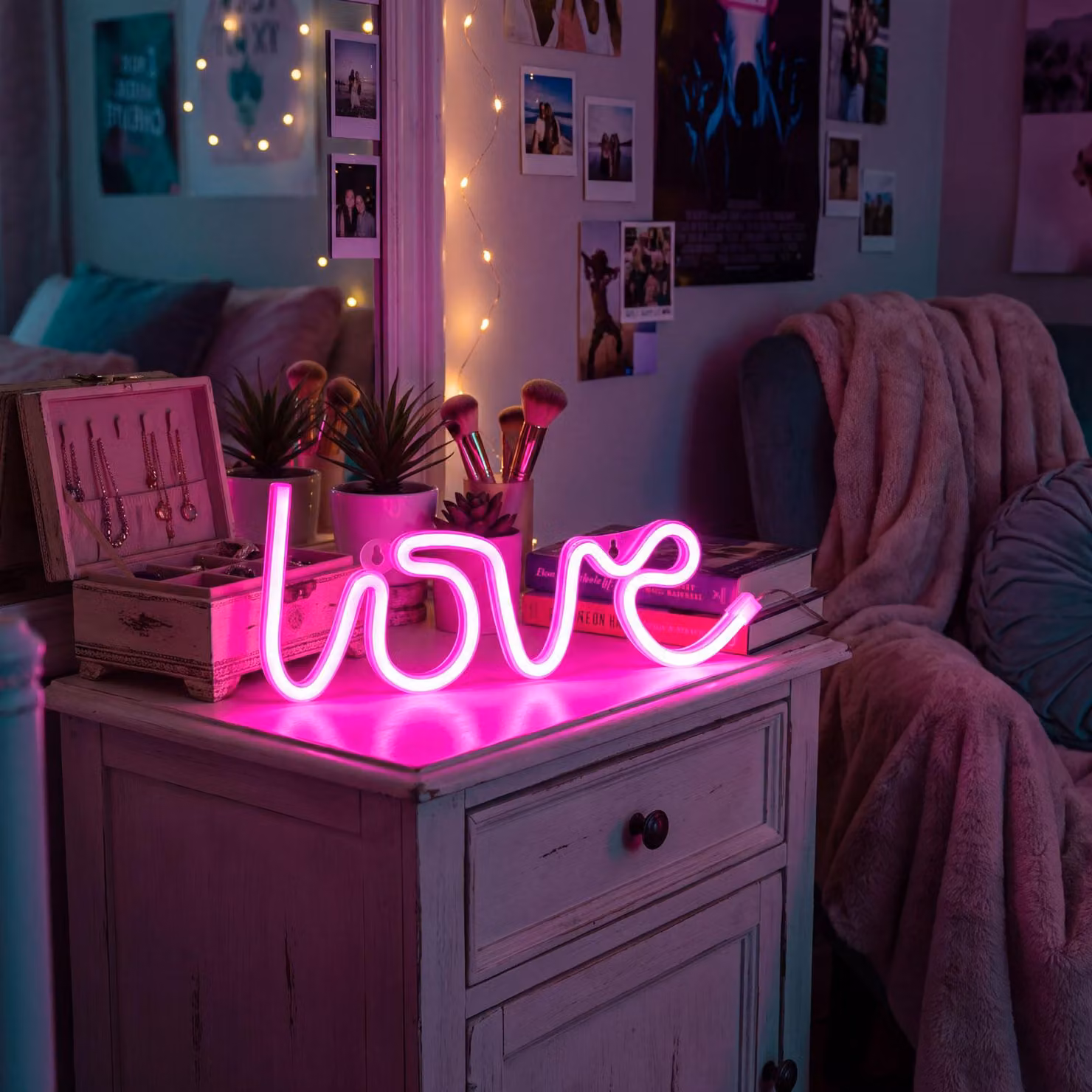 GLOBIZ Lampada LED neon - rosa, scritta "Love" - alimentazione: 3 batterie AA + USB - dimensioni: 34 x 1,6 x 12,5 cm