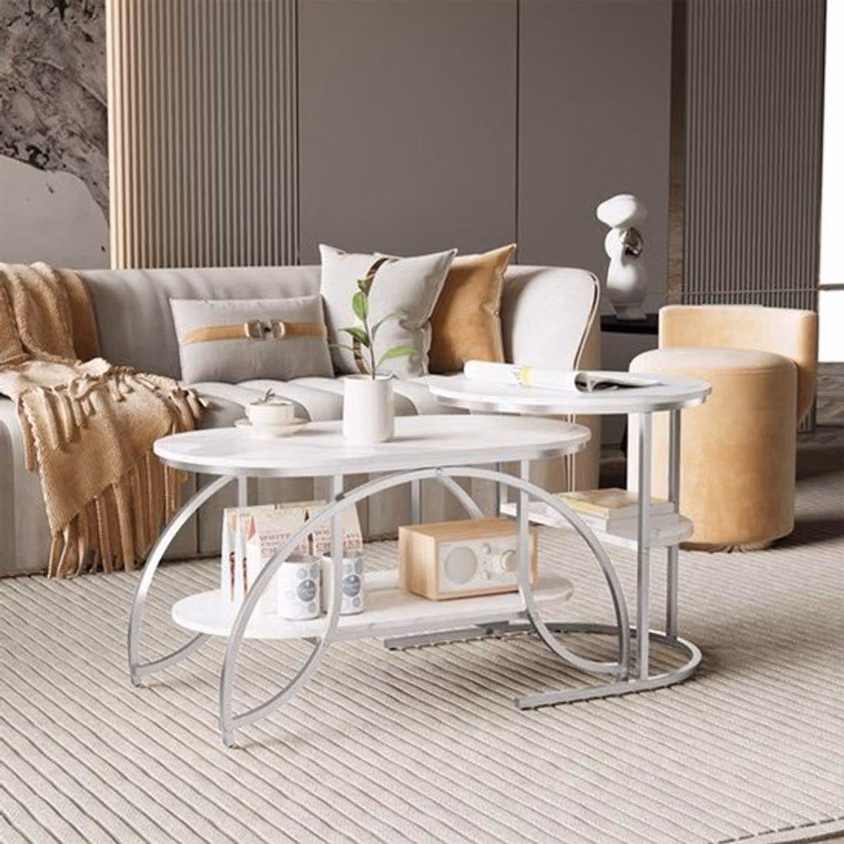 Tavolino da salotto - Set di 2 - Mensole moderne a 2 livelli - Realizzato in MDF e metallo - Arredamento per il soggiorno