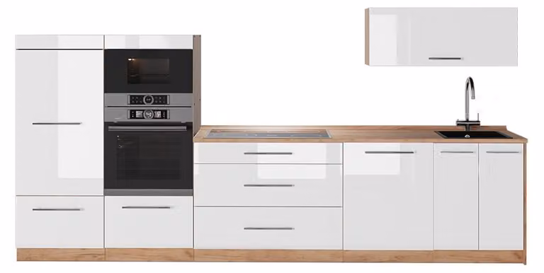 Cucina componibile Vicco Fame-Line Bianco lucido/Rovere dorato 340 cm senza piano di lavoro, Model 64463