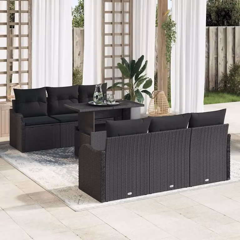Set Divano da Giardino vidaXL in Polyrattan Nero con Cuscini e Tavolino da 7 Pezzi
