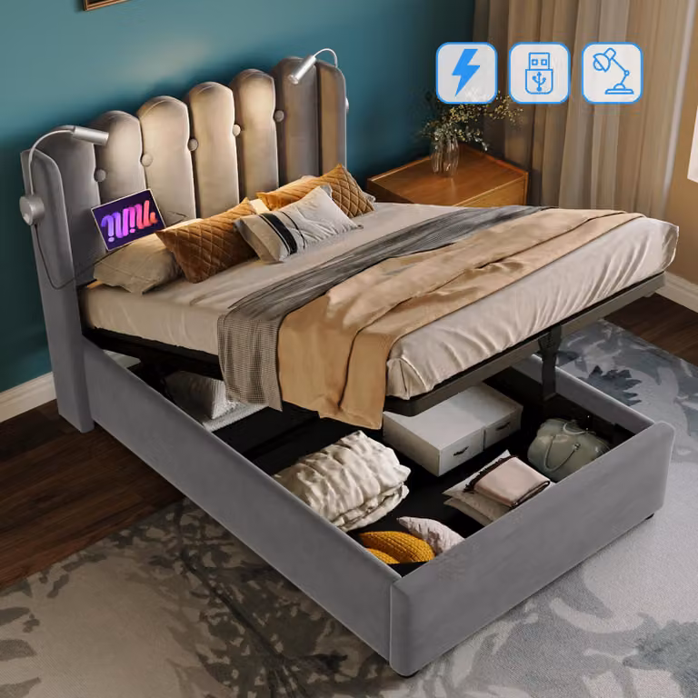 okwish Letto imbottito 90x200 cm, letto per bambini con lampada da lettura e funzione di ricarica, struttura del letto con spazio contenitore nella testata, colore grigio (materasso non incluso)