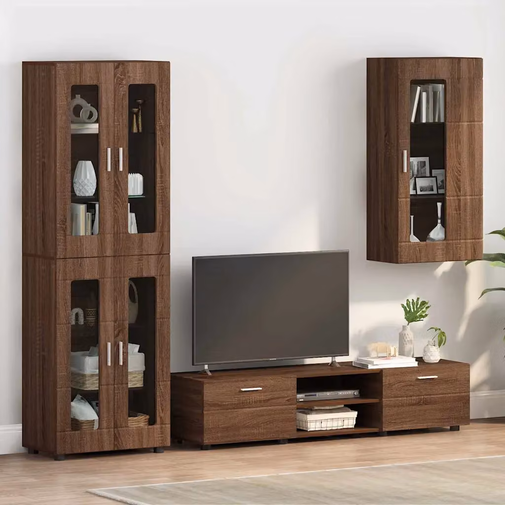 Armadio a parete moderno vidaXL in legno rovere marrone con ante in vetro e ripiani interni