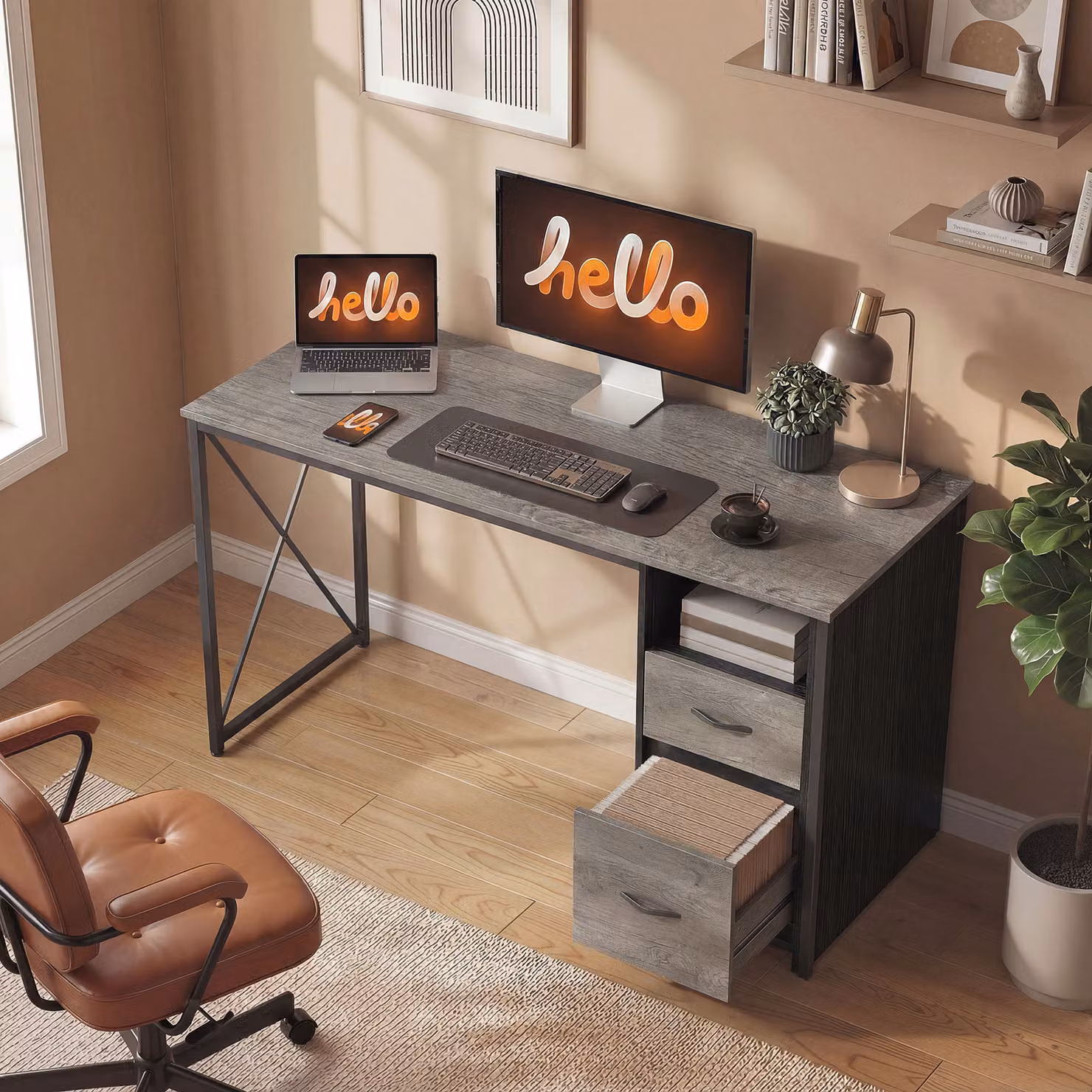 Scrivania per Computer Industriale HOMCOM con Scomparto e 2 Cassetti, Grigio Chiaro, L: 120 cm, P: 50 cm – 2