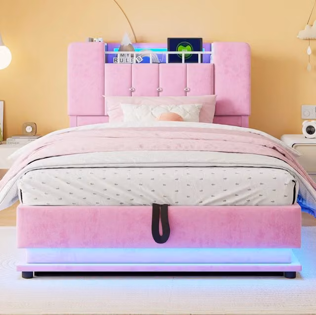 Letto imbottito per bambini 90 x 200 cm con LED; USB e vano contenitore idraulico; rosa