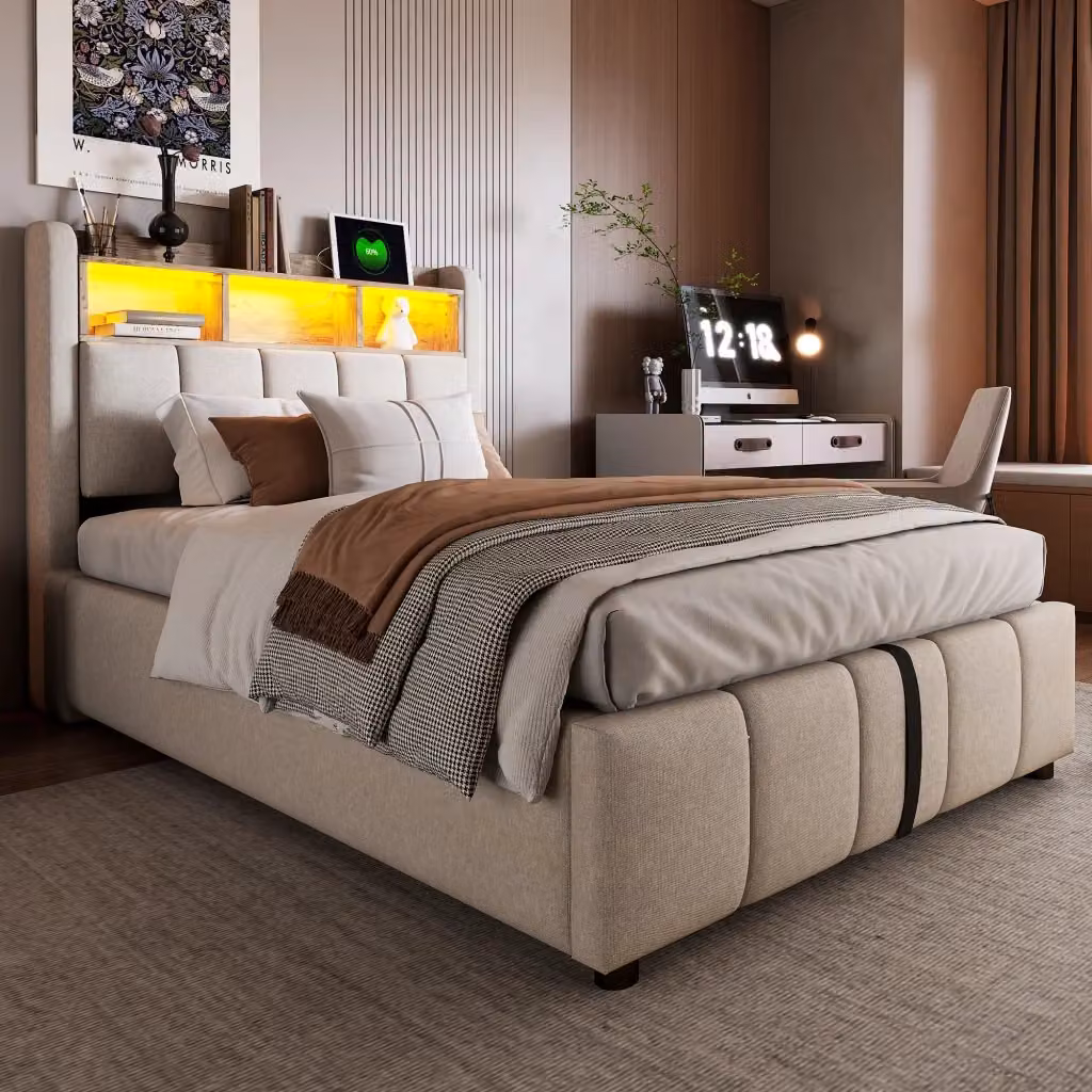 Letto singolo imbottito beige con contenitore, illuminazione LED RGB e porte USB e Type-C, L/P: 90 x 200 cm – 2