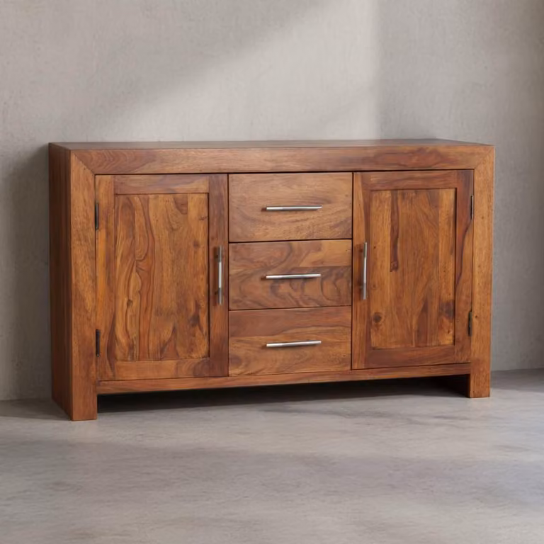 Elegante credenza in sheesham, 3 cassetti, 2 ante, stile country house. 118x40x70 cm | Kadima Design