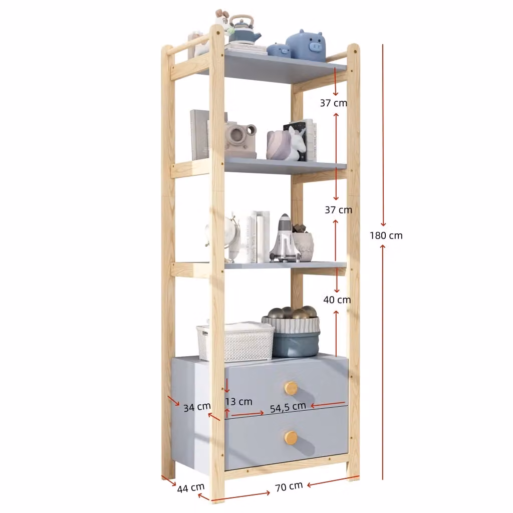 Libreria REDOM con 4 ripiani e 2 cassetti in legno e blu, L/P/H: 70 x 44 x 180 cm – 2