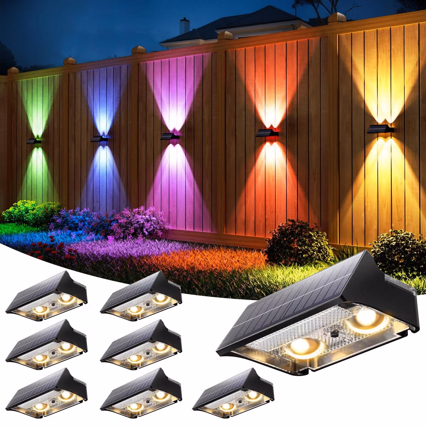 Set di 8 luci solari per recinzioni, RGB, 9 modalità di colore, grado di protezione IP65, colore nero