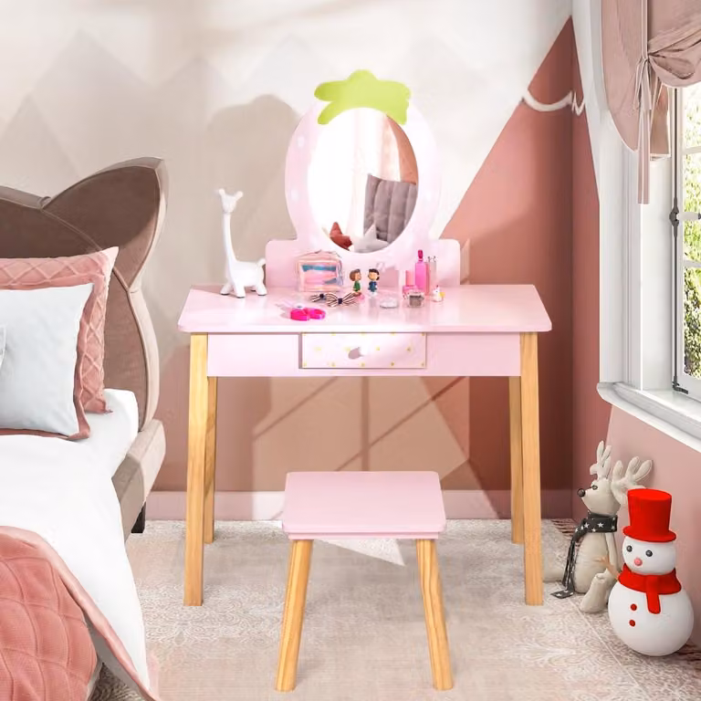 Set da toeletta 2 in 1 per bambini con sgabello e specchio, legno