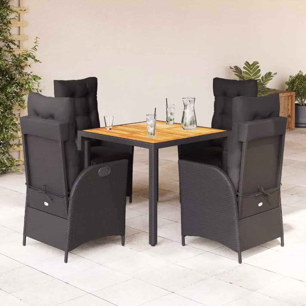 Set da Pranzo da Giardino vidaXL 5 Pezzi in Polyrattan e Legno di Acacia Nero con Cuscini