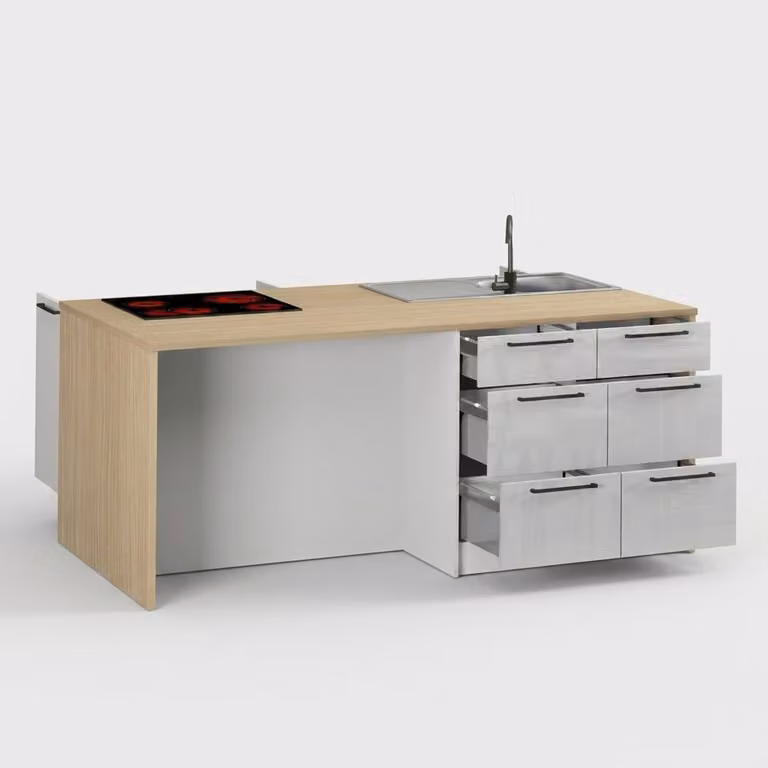 Isola da cucina moderna con lavello e spazio contenitivo, marca Kerun - colore bianco