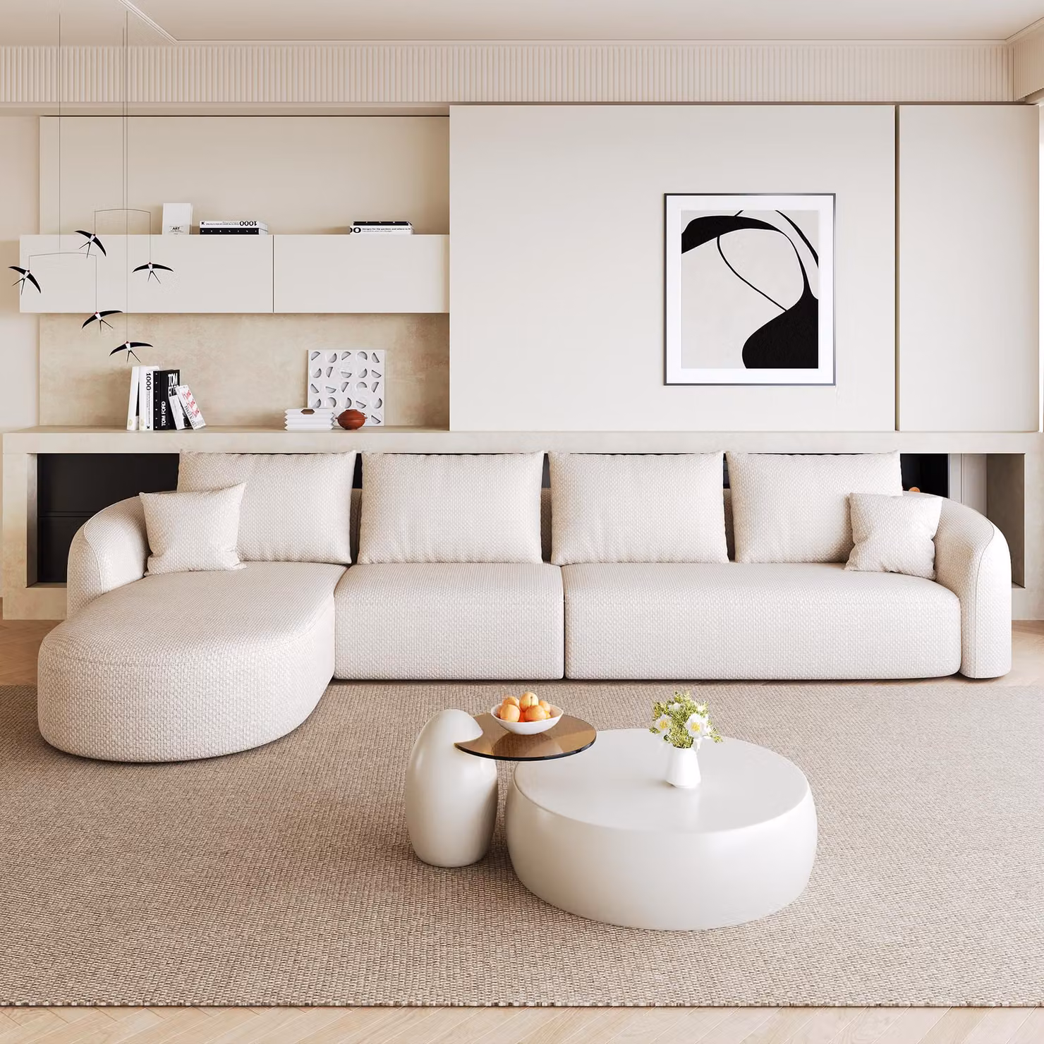 Divano angolare a forma di L, modello okwish, con chaise longue a sinistra, divano per soggiorno con imbottitura compatta, colore bianco