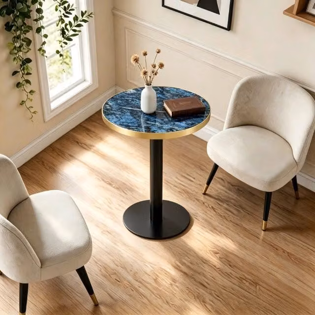 Tavolino da Salotto Rotondo Moderno Piano Effetto Marmo con Bordo Dorato e Struttura in Metallo Nero e Oro per Soggiorno e Camera