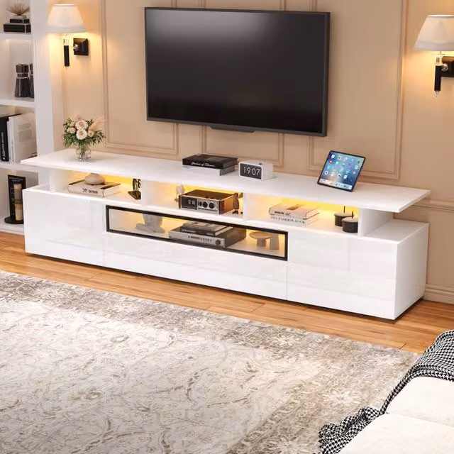 Mobile TV moderno WISHDOR bianco lucido con illuminazione LED integrata, L 180 cm x P 38 cm x H 45 cm