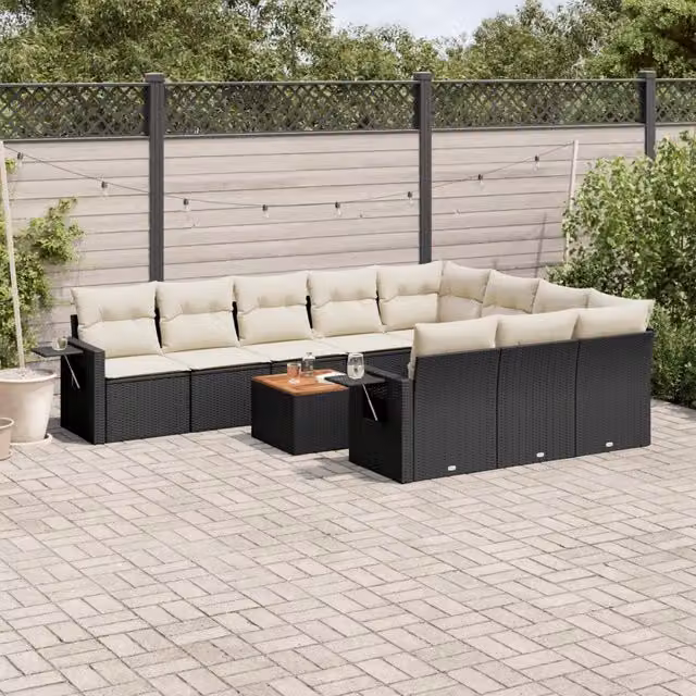 Set di Divani da Giardino vidaXL in Polyrattan Nero con Cuscini e Tavolino da Esterno 11 Pezzi