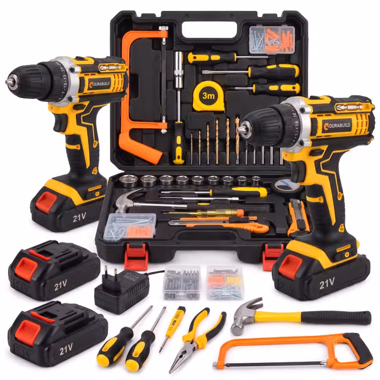 Set di avvitatore a batteria da 21V con 2 batterie da 2000mAh, trapano avvitatore a percussione a 2 velocità (0-1500 giri/min), 25+3 livelli di coppia, mandrino autoserrante da 10mm, LED, 31 pezzi.