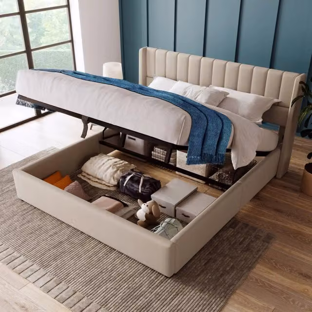 Letto con contenitore - Xylo - 180x200 - Beige - Sollevamento idraulico