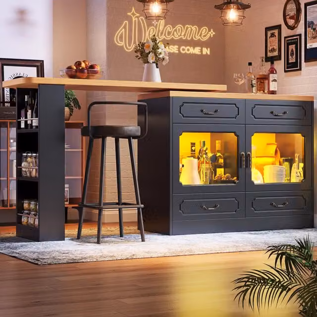 Tavolo bar estraibile con LED - Zephmum- 135-203¡Á39¡Á92.8cm, nero, 360¡ã girevole