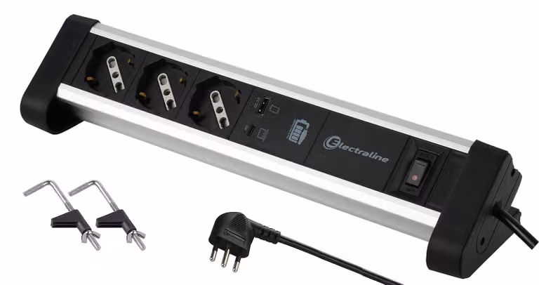 Electraline 61907, ciabatta multipresa da scrivania, 3 prese, Schuko + 10/16 A