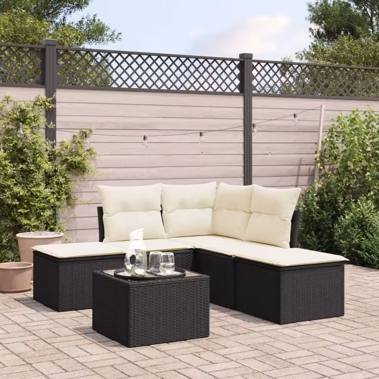 Set Divano da Giardino vidaXL 6 pz in Polyrattan Nero con Cuscini e Tavolino