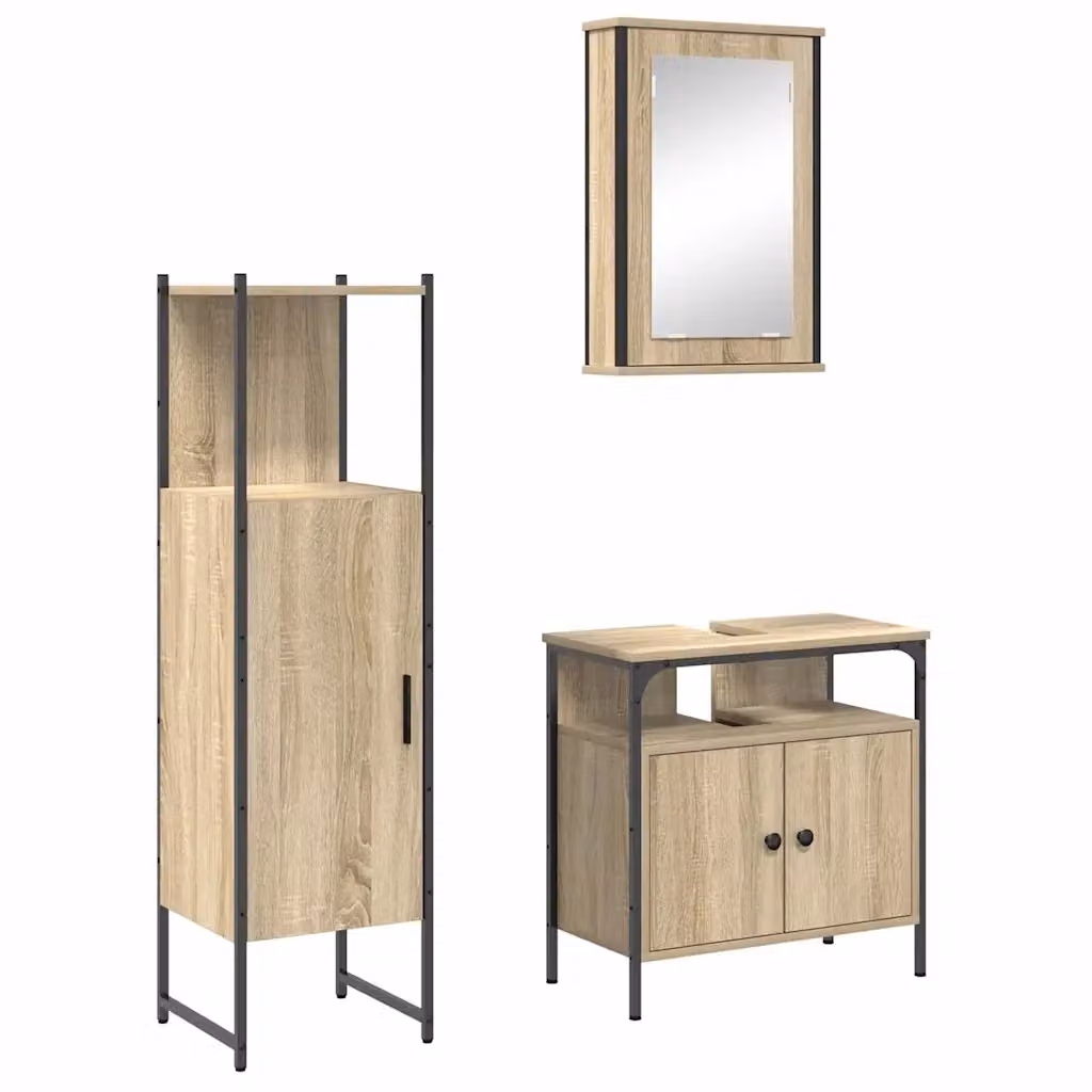 Set di mobili per il bagno vidaXL composto da 3 pezzi in marrone e nero, con armadietto a specchio, mobile sottolavabo e colonna alta, L/P/H: 33 x 33 x 120,5 cm – 2