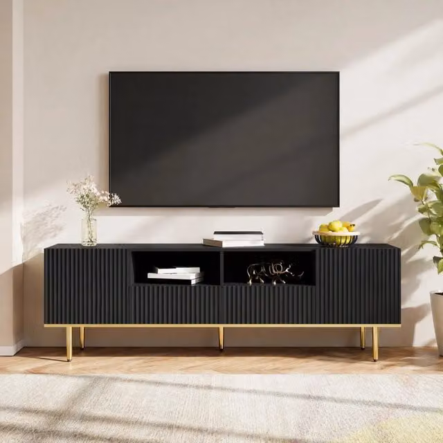 Mobile TV moderno 165 cm con 2 ante; 2 cassetti e dettagli oro; nero
