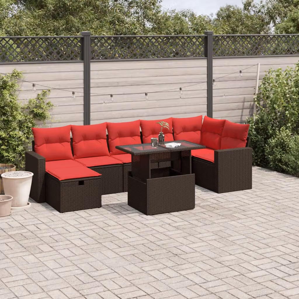 Set di divani da giardino vidaXL in polyrattan marrone con cuscini, tavolino e pouf, composizione a L per esterno