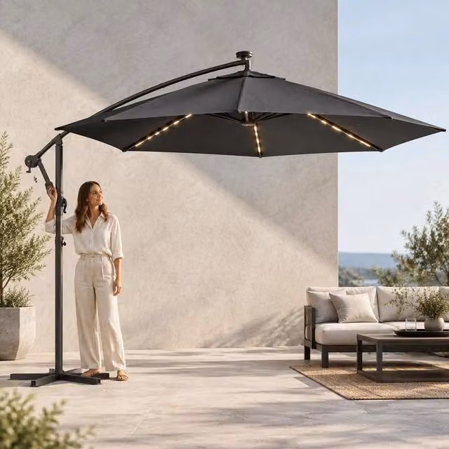 Parasol With LED Lighting And Metal Mast 350cm Anthracite