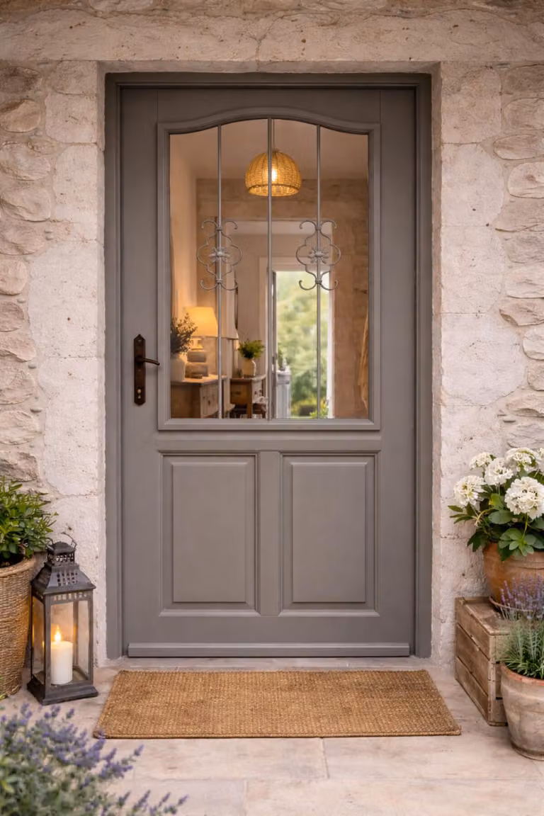Porta d'ingresso in legno con vetrata Santiago Grigio Quarzo, H.215xL.90 cm, lato tavolo, apertura dritta, GD MENUISERIES