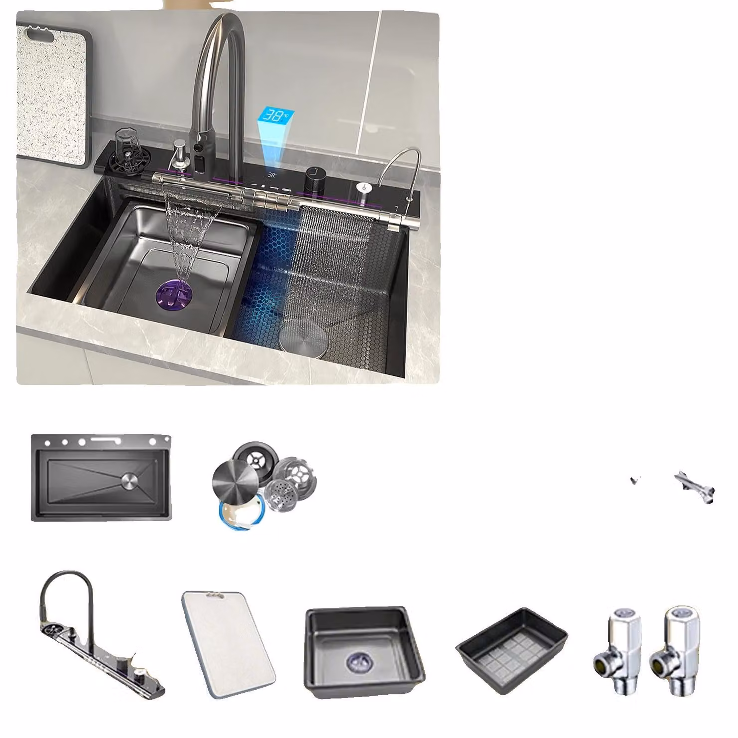 Lavello da cucina, acciaio inossidabile, vasca singola, modello 8046CM-N-SET, lato destro