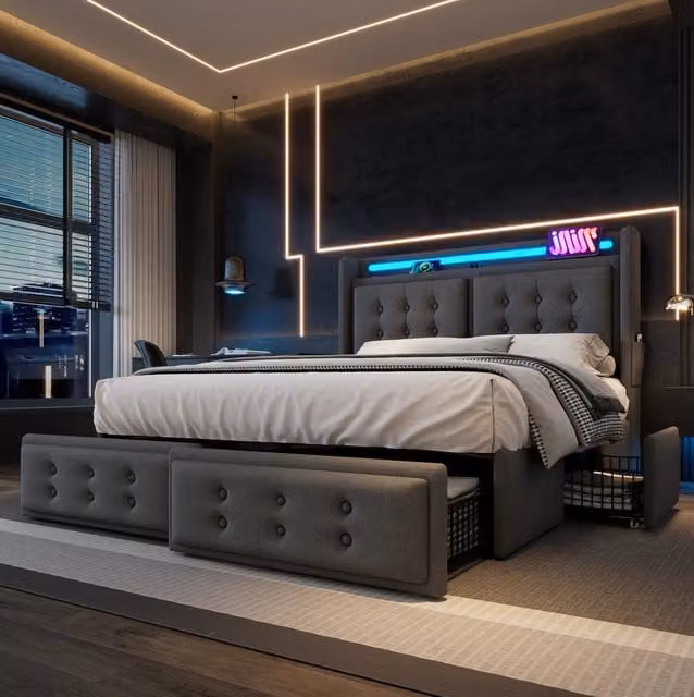Letto imbottito 180x200 cm con LED; ricarica e 4 cassetti in cotone lino grigio