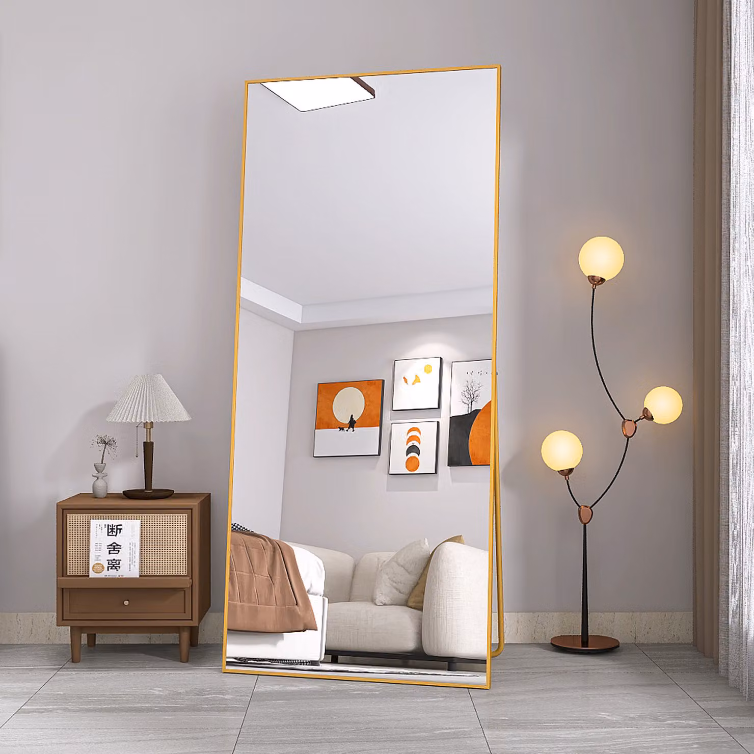 Specchio a figura intera Moonbite, 180x80 cm – cornice in alluminio dorato, da appoggiare o appendere